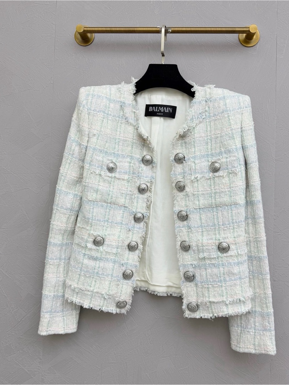 Balmain Pastel Check Tweed Military-Style Jacket